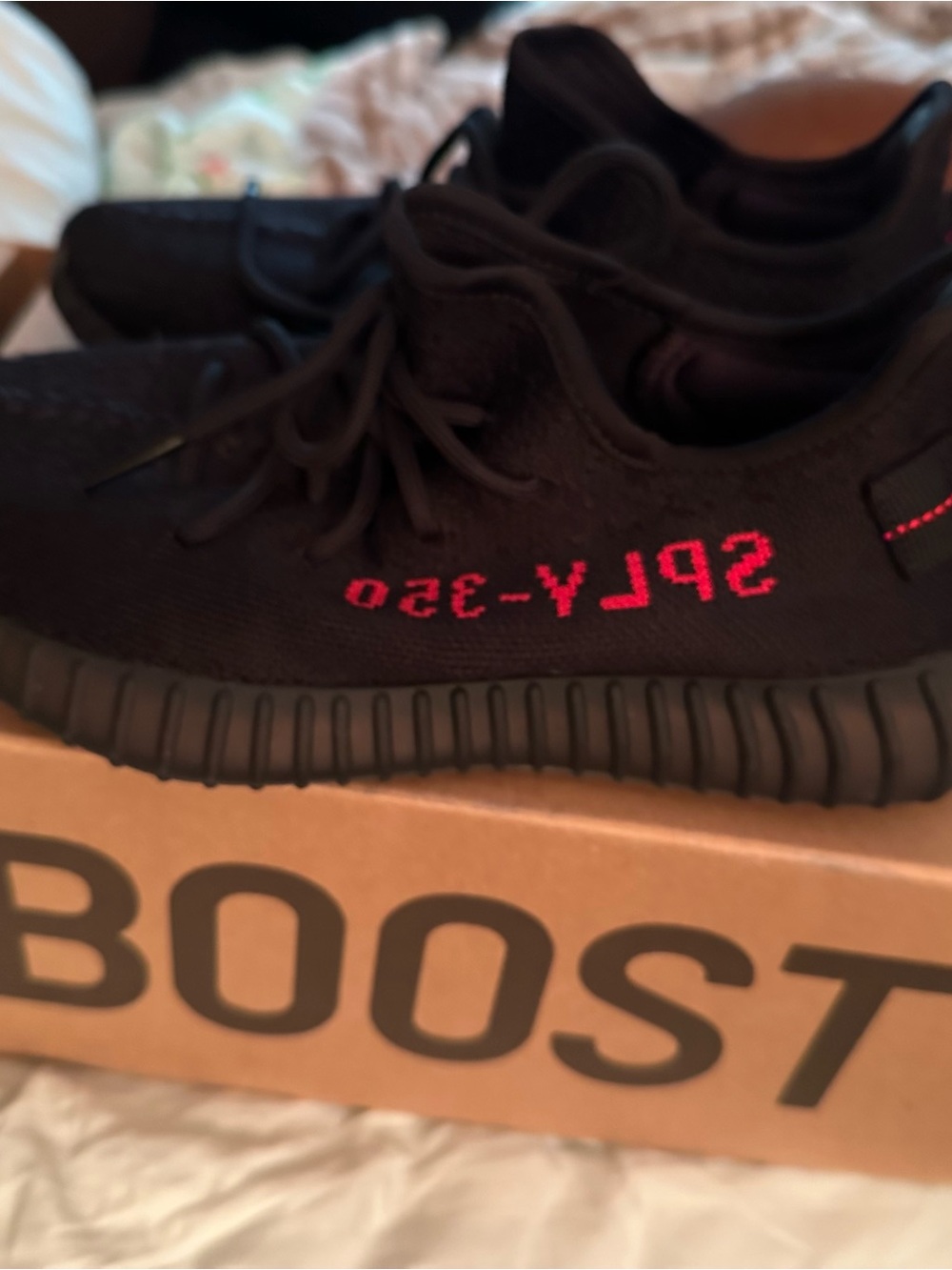 Yeezy Kids Black Sneakers with Red Script